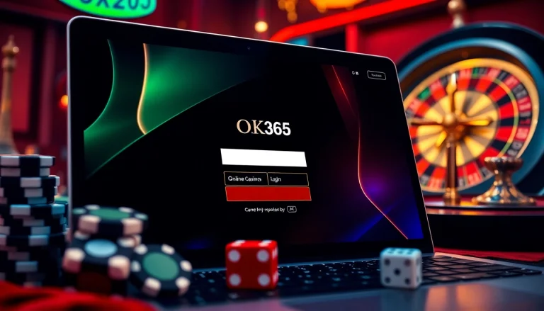 Experience the thrill of OK365 đăng nhập with an elegant casino interface showcasing vibrant poker chips and roulette wheels.