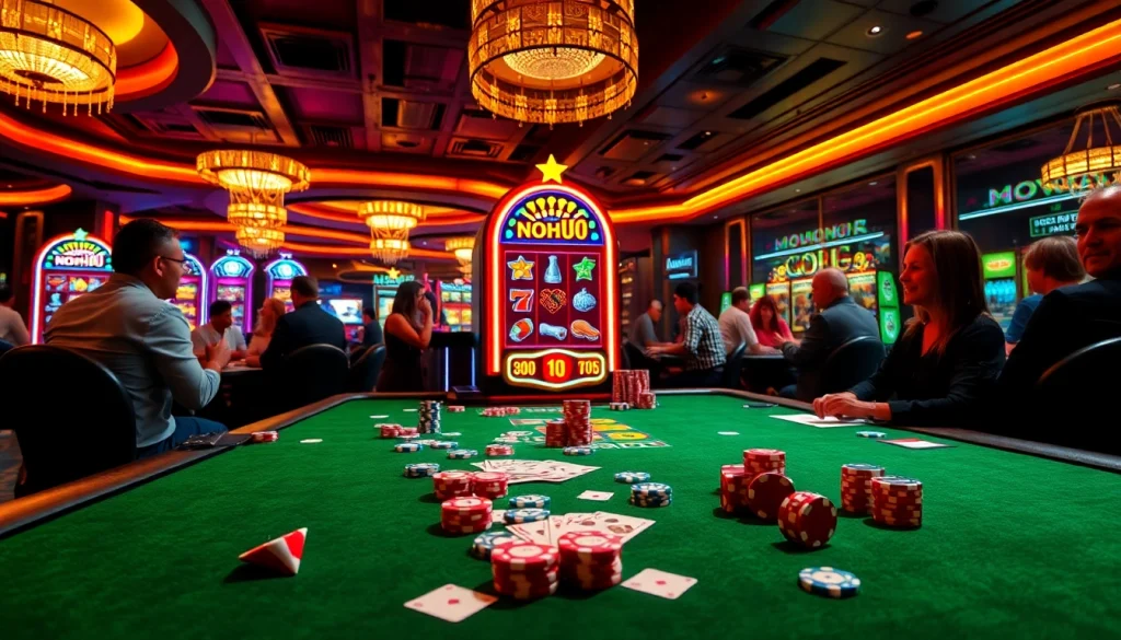Experience the thrill of nohu90 at a vibrant casino scene with lively slot machines and excited players.