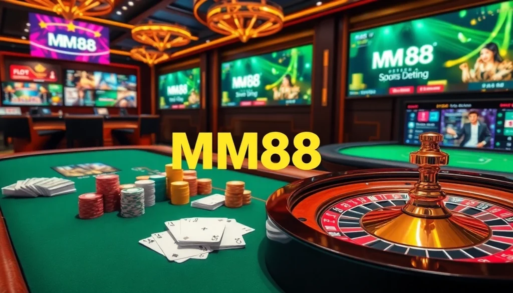 MM88 logo surrounded by vibrant poker chips and cards, capturing excitement in a casino atmosphere.