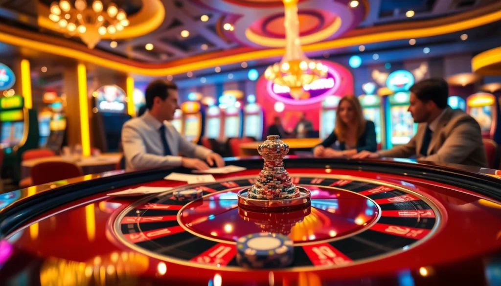 Engaged players enjoying a roulette game at https://kjc.pizza/, surrounded by vibrant casino elements and excitement.