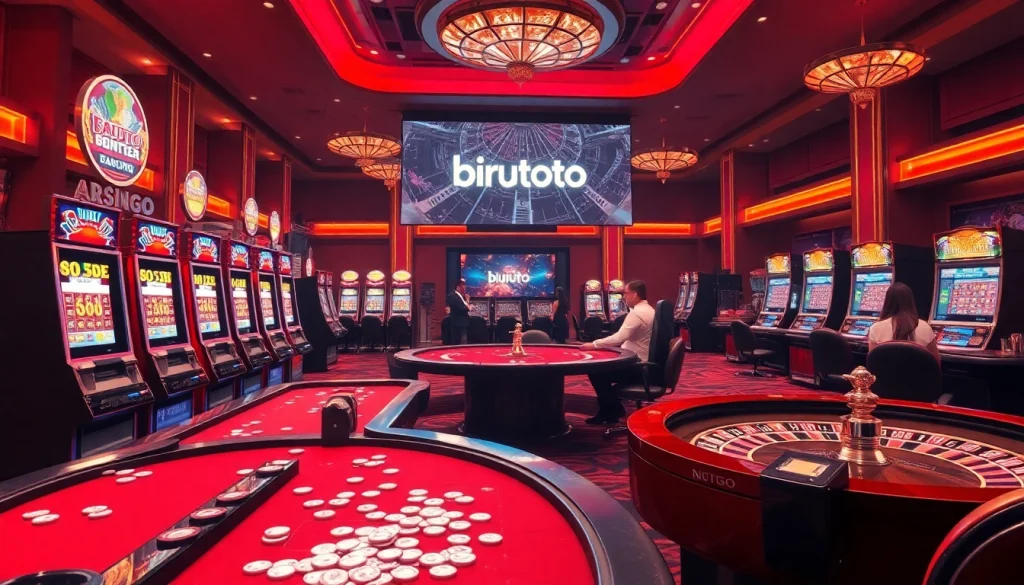 Experience birutoto online gambling at a luxury casino with vibrant slot machines and poker tables.