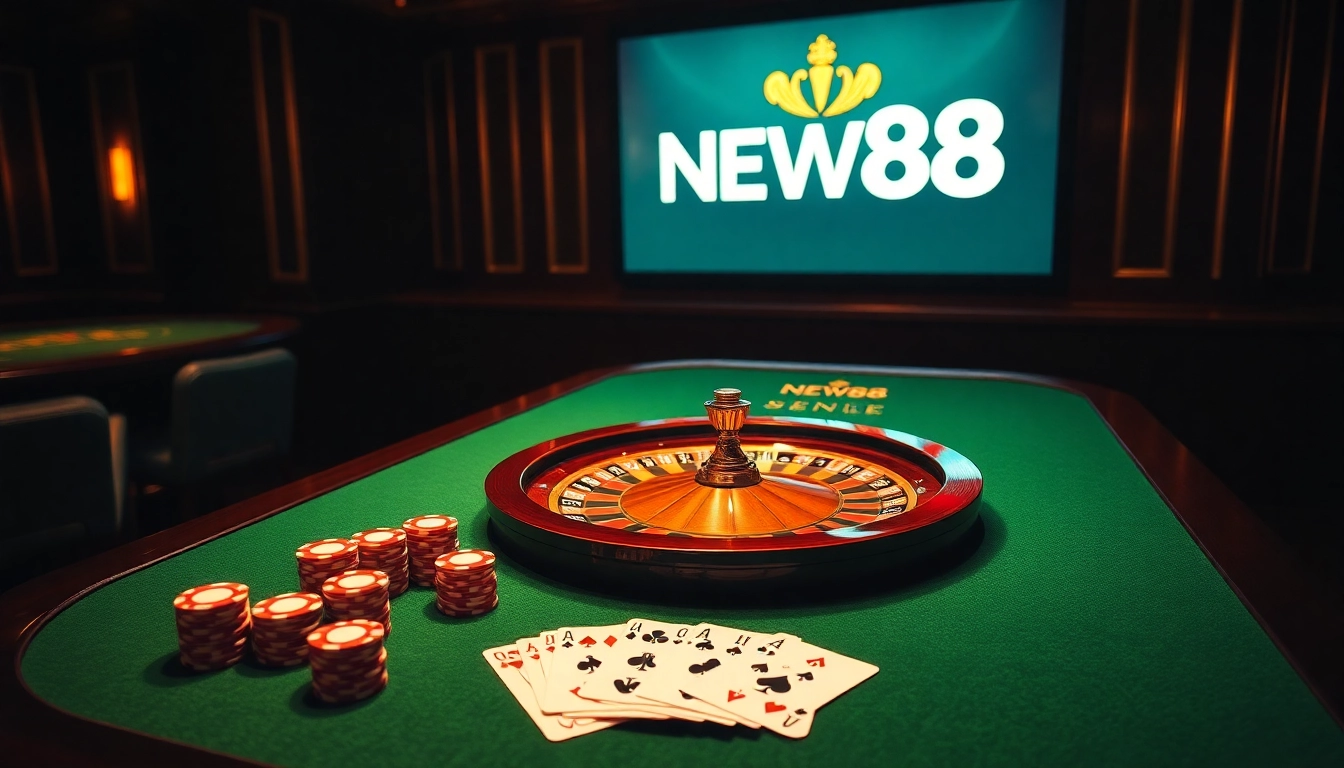 Experience winning moments at NEW88’s vibrant casino scene featuring poker chips and roulette.
