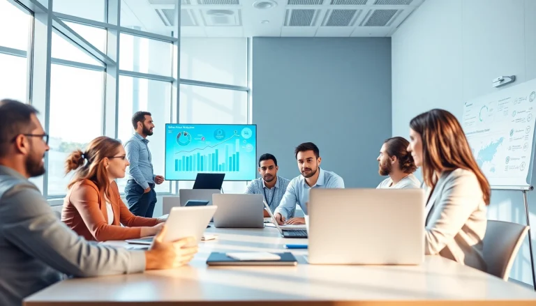 Innovative professionals discussing ERP çözümleri in a modern office setting