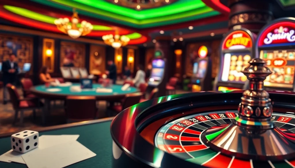 Exciting gambling scene showcasing 32win com with poker chips, roulette wheel, and players in action.