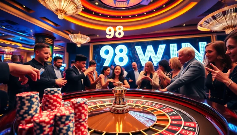 Engage in 98 win at this lively casino featuring a roulette table and enthusiastic gamblers.