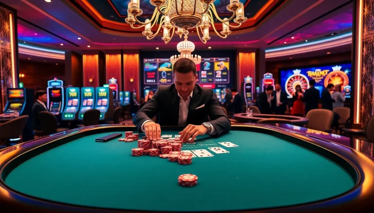 Experience the excitement at nhà cái go8, featuring a luxurious casino setup with vibrant gaming elements.