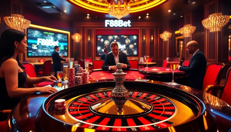 Engaging F8Bet players at a luxurious roulette table in a vibrant casino atmosphere.