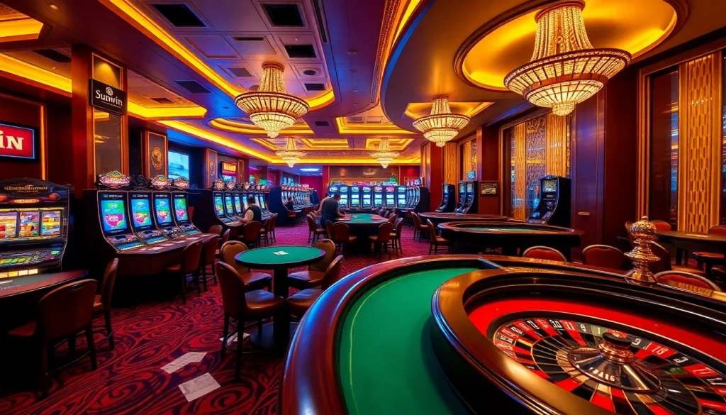 Sunwin gaming scene featuring exciting poker tables, glowing slot machines, and vibrant roulette action.