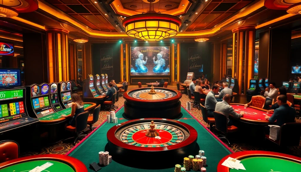 Experience the thrill of gaming at thabethome.com with an exciting casino atmosphere filled with tables and slot machines.