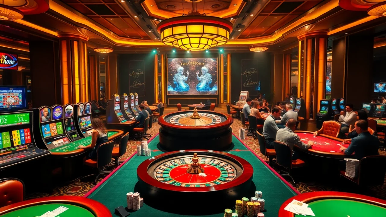 Experience the thrill of gaming at thabethome.com with an exciting casino atmosphere filled with tables and slot machines.