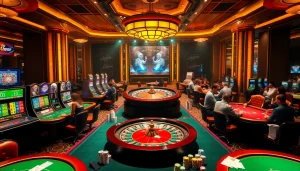 Experience the thrill of gaming at thabethome.com with an exciting casino atmosphere filled with tables and slot machines.