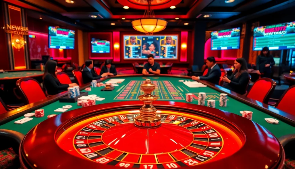 Experience the excitement of New888 with high-stakes poker and roulette action in a luxurious casino environment.