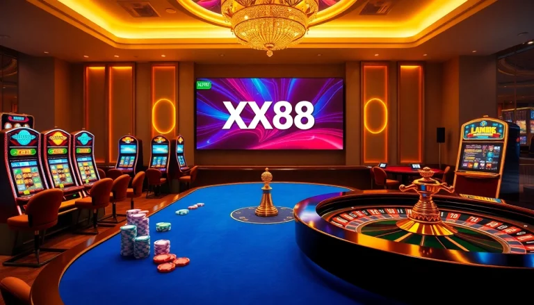 Engaging scene highlighting LINK XX88 with luxury casino elements, vibrant gaming table, and slot machines.