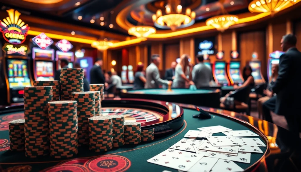Engaging casino game scene with okking chips and cards, evoking excitement and luxury.