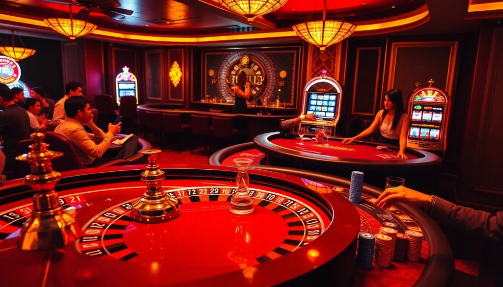 Exciting casino action at https://bl555.training/ featuring poker tables and a roulette wheel.