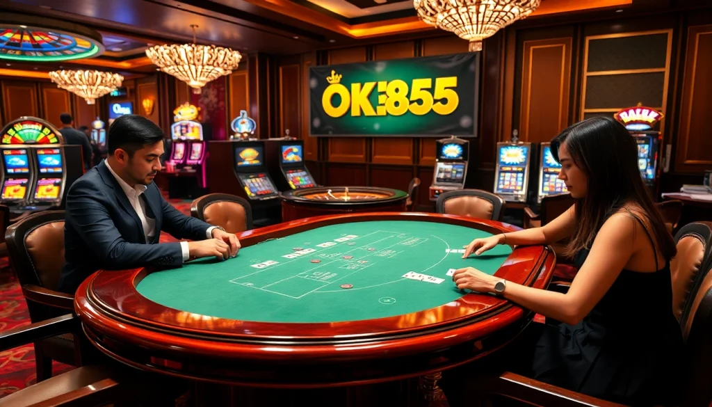 Engaged players at Trang chủ OK365 blackjack table experience thrilling gameplay with vibrant casino ambiance.