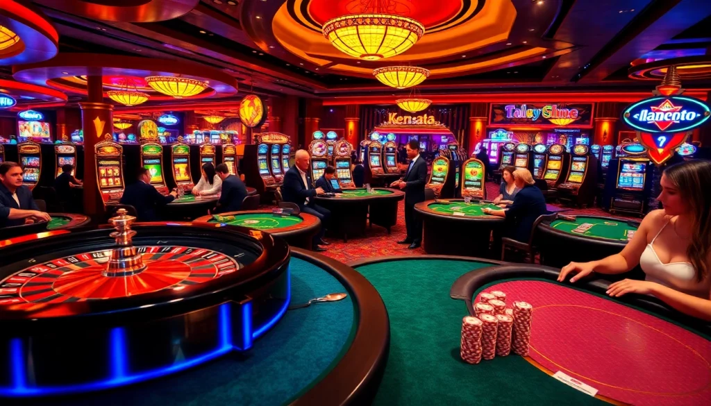 Kwin players enjoying an exciting game at a luxurious casino, featuring vibrant tables and chips.