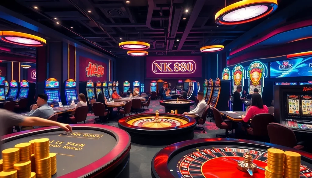 Experience thrilling gameplay at Nhà cái NK88 with vibrant casino tables, eager players, and exciting gaming options.