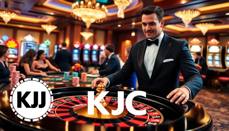 KJC logo displayed in an upscale casino scene featuring roulette, poker chips, and vibrant slot machines.