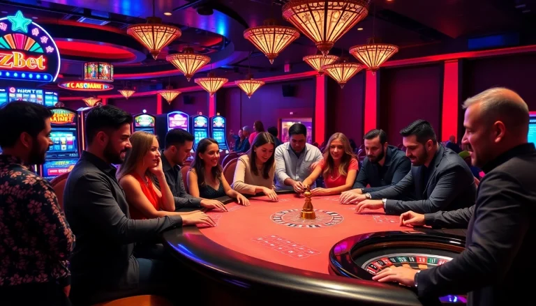 Players enjoying the thrill of zbet gaming at a lively casino table with vibrant surroundings.