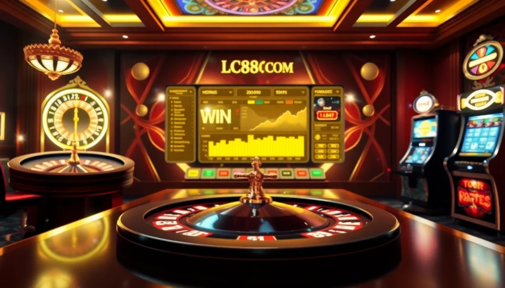 Engage with the thrilling gaming experience at LC88 COM with roulette wheels, slot machines, and poker chips.