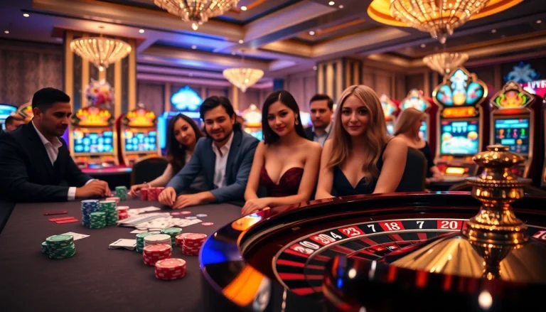 Engage in a captivating gambling experience at five88 with poker chips, cards, and a roulette wheel in a luxurious casino.