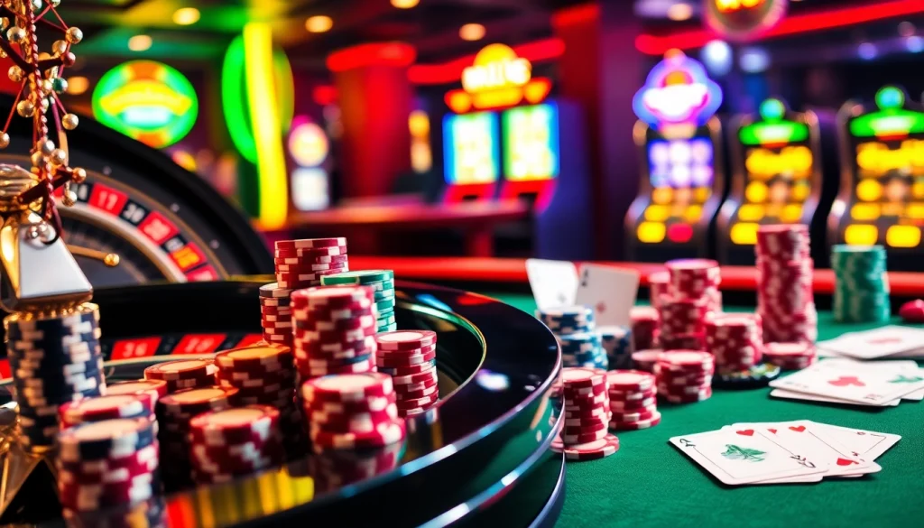 Excitement from high-stakes poker at https://mm88.sh/, showcasing vibrant chips and a spinning roulette wheel.