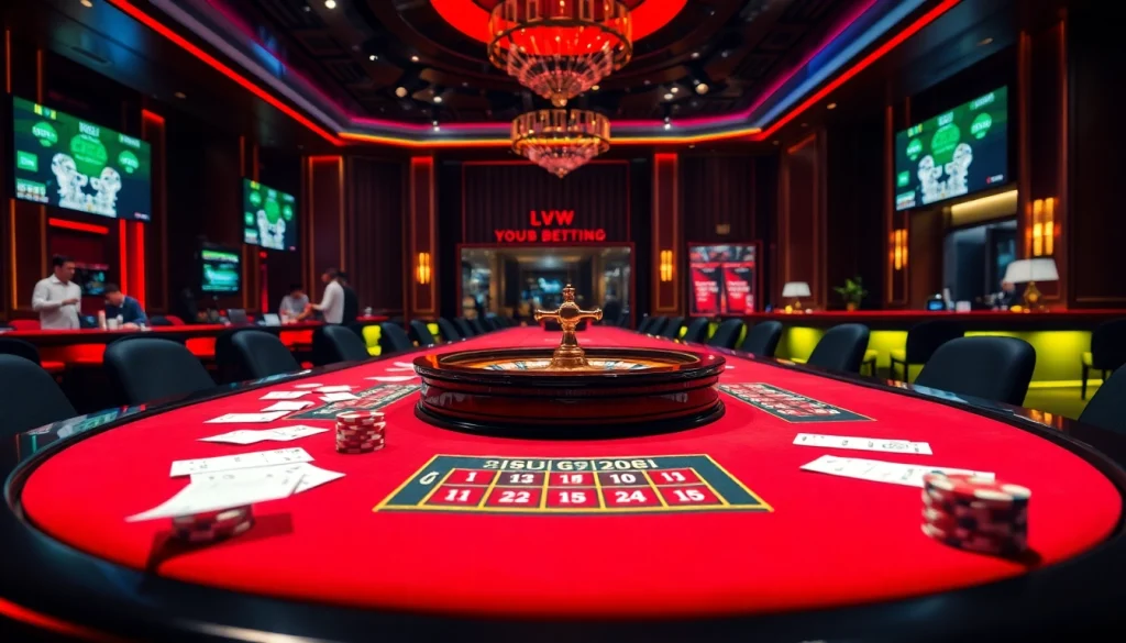 Betting enthusiasts analyze tỷ lệ bóng đá trực tuyến at a vibrant casino table with chips and betting slips.