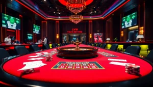 Betting enthusiasts analyze tỷ lệ bóng đá trực tuyến at a vibrant casino table with chips and betting slips.