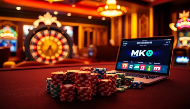 Engaging players at a poker table with MK 8 branding, showcasing excitement in a casino atmosphere.