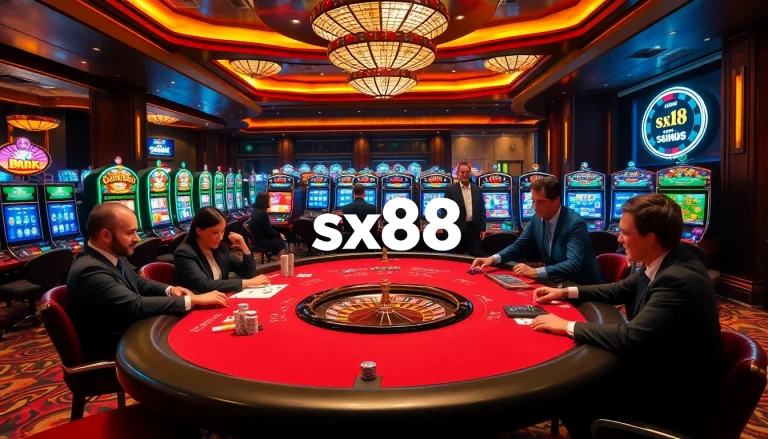 SX88 gaming table scene in a vibrant casino, featuring players and dealers in action.