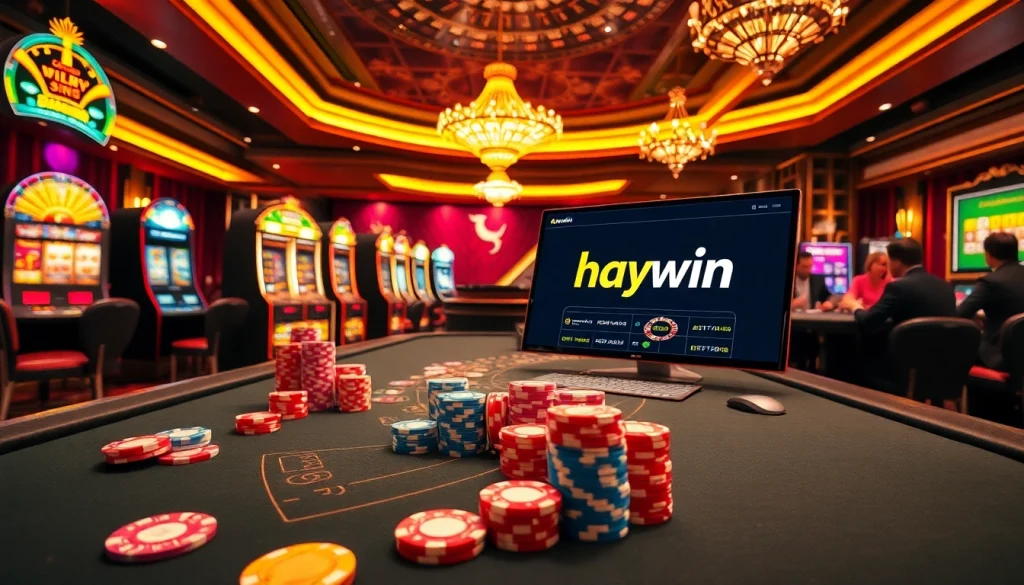 Engage in thrilling games at hay.win with vibrant poker chips and digital casino tables.