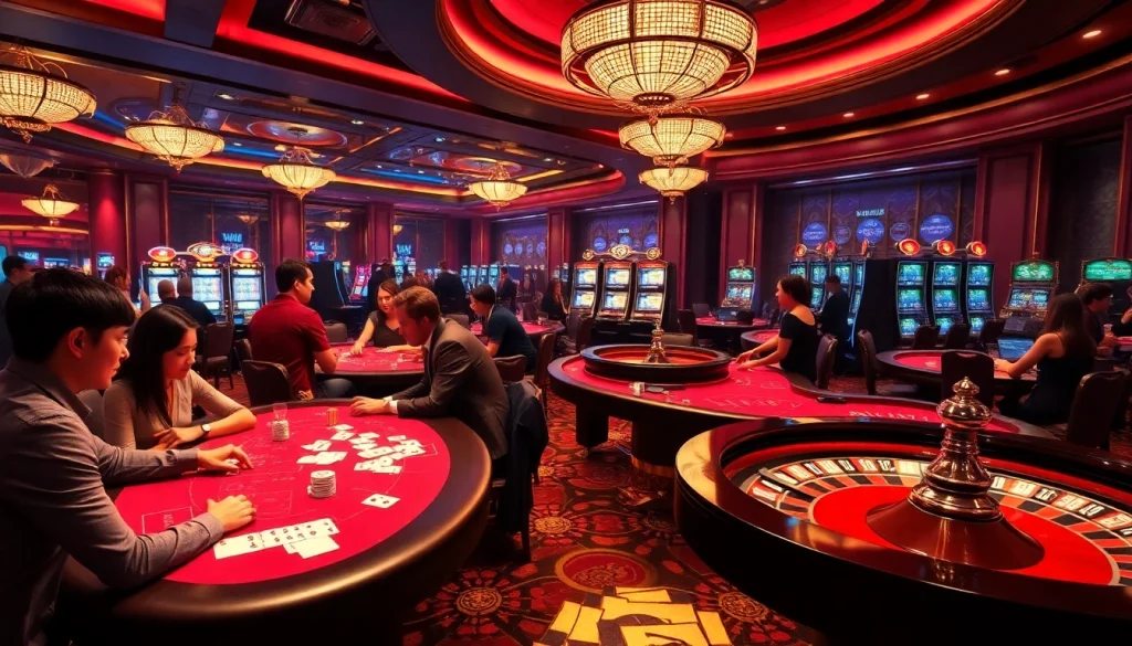 Players enjoying games at a vibrant casino, showcasing rikvip nhà cái gambling elements.