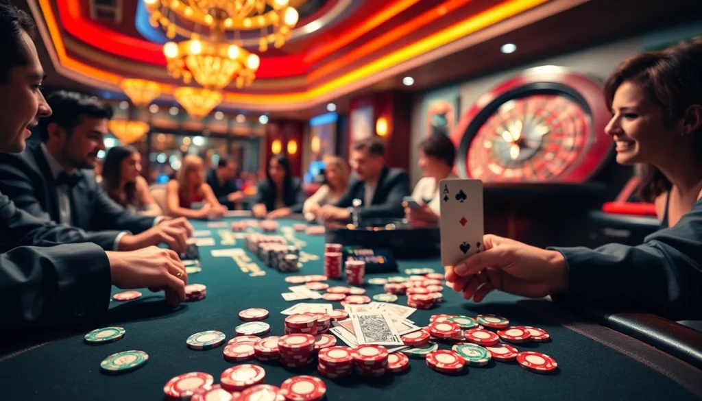 Players enjoying a thrilling poker game at SODO-themed casino table, vibrant atmosphere.