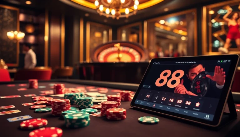 Experience the thrill of high-stakes gaming at Go 88 with vibrant poker chips and a roulette wheel.