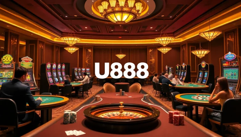 Experience u888 gaming excitement with players at luxurious casino tables and vibrant slot machines.