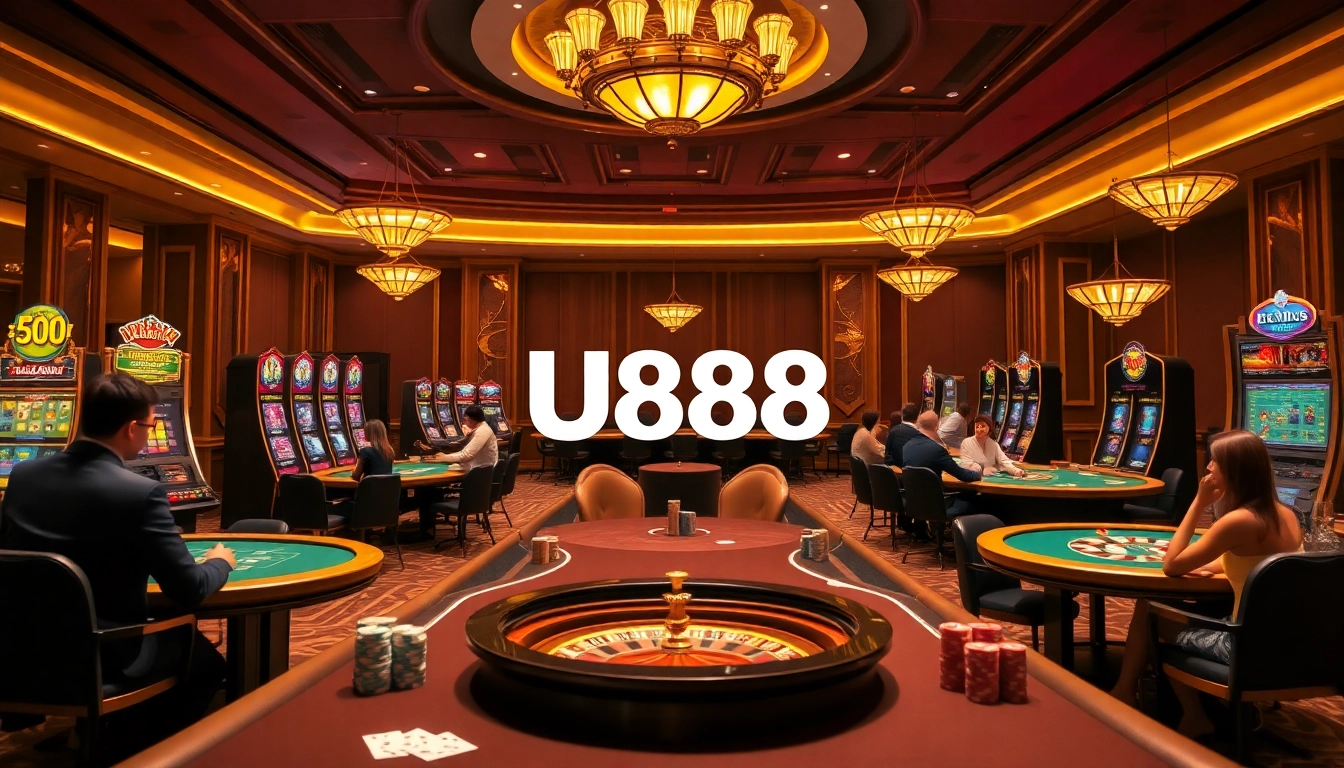 Experience u888 gaming excitement with players at luxurious casino tables and vibrant slot machines.