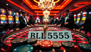 Experience thrilling bets at BL555 with a vibrant casino scene featuring roulette and poker.