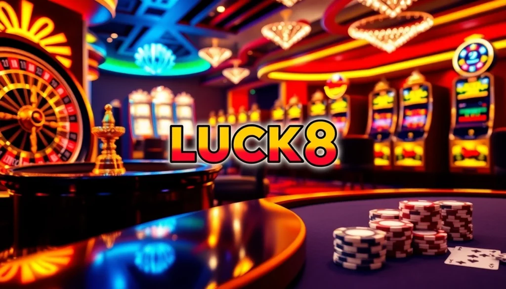 Cảnh casino LUCK8 với bánh xe roulette, máy đánh bạc và bàn poker, thể hiện sự phấn khích.