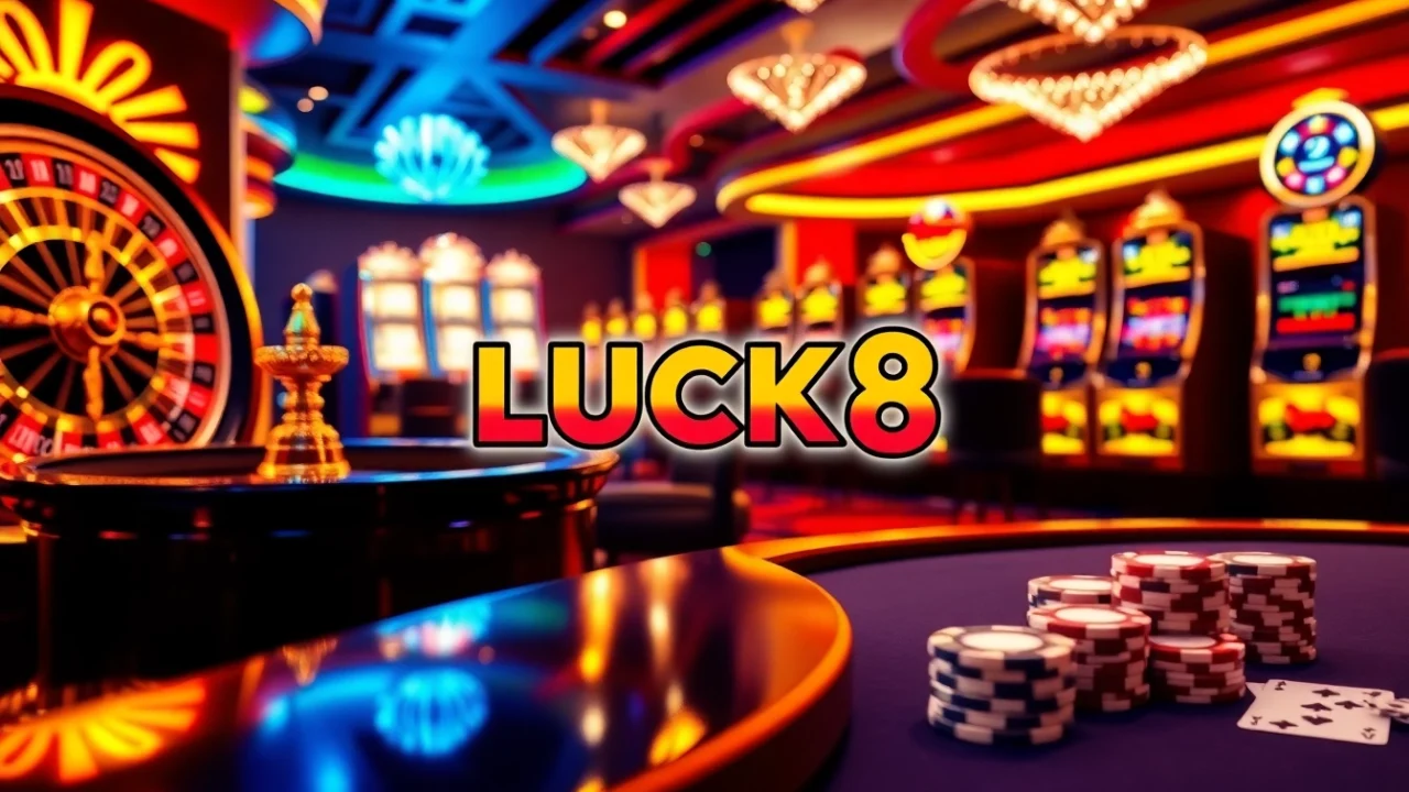 Cảnh casino LUCK8 với bánh xe roulette, máy đánh bạc và bàn poker, thể hiện sự phấn khích.