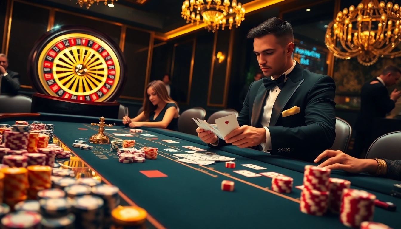 Players enjoying a thrilling poker game at 32Win casino table with vibrant chips and cards.