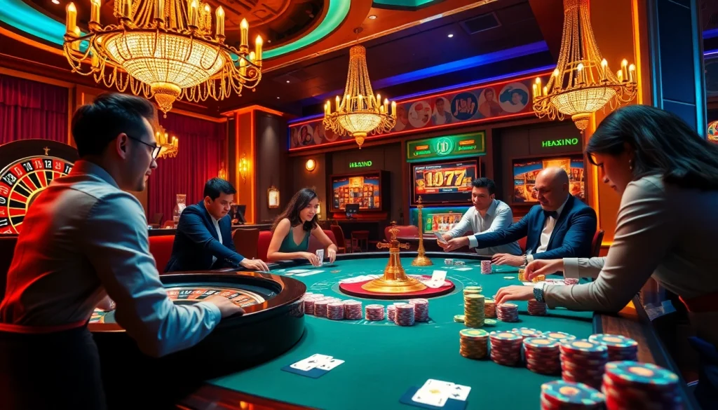 Exciting game bài đổi thưởng scene with players, cards, and casino ambiance.