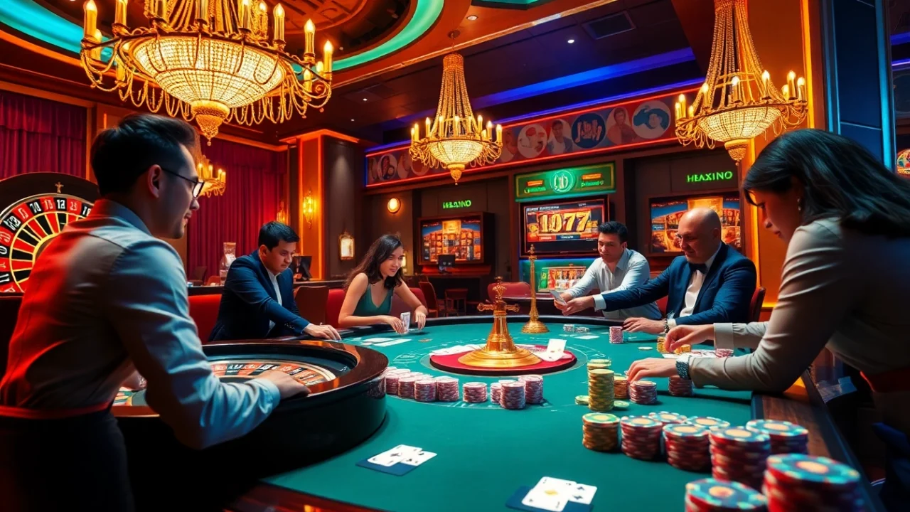 Exciting game bài đổi thưởng scene with players, cards, and casino ambiance.