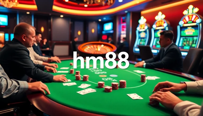 High-stakes poker table featuring hm88 chips and cards, capturing casino excitement.