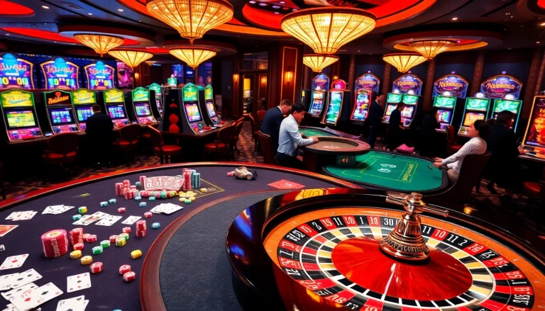 Experience the luxury of FLY88 casino gaming with vibrant action at the tables and slot machines.