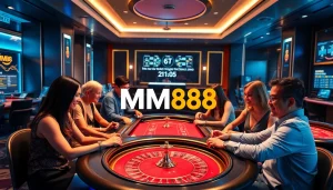 MM88 digital casino scene with players enjoying poker and roulette games.