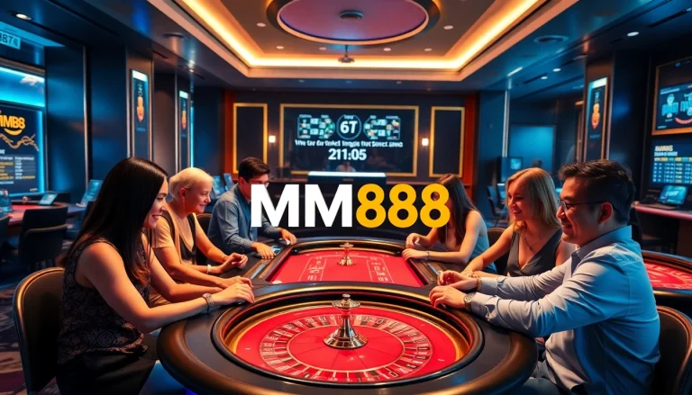 MM88 digital casino scene with players enjoying poker and roulette games.