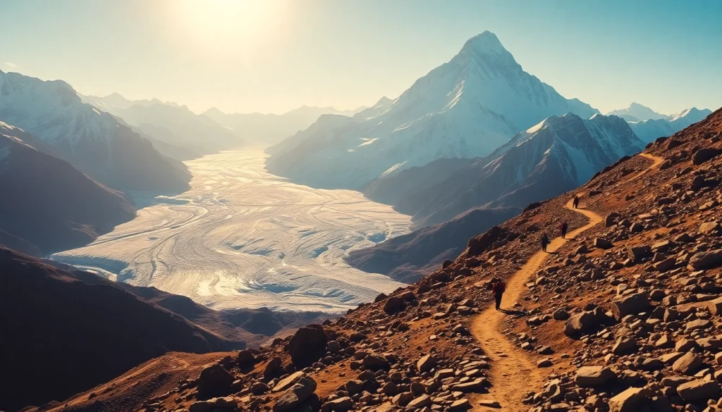 Everest base camp with panoramic views of the Khumbu Glacier and majestic peaks, capturing the adventure of trekking.