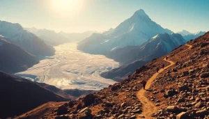 Everest base camp with panoramic views of the Khumbu Glacier and majestic peaks, capturing the adventure of trekking.