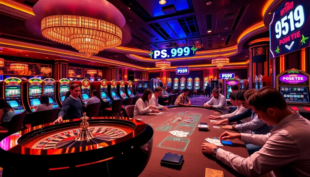Gamblers enjoying high-stakes action at PS 99 casino tables, with vibrant lights and excitement.